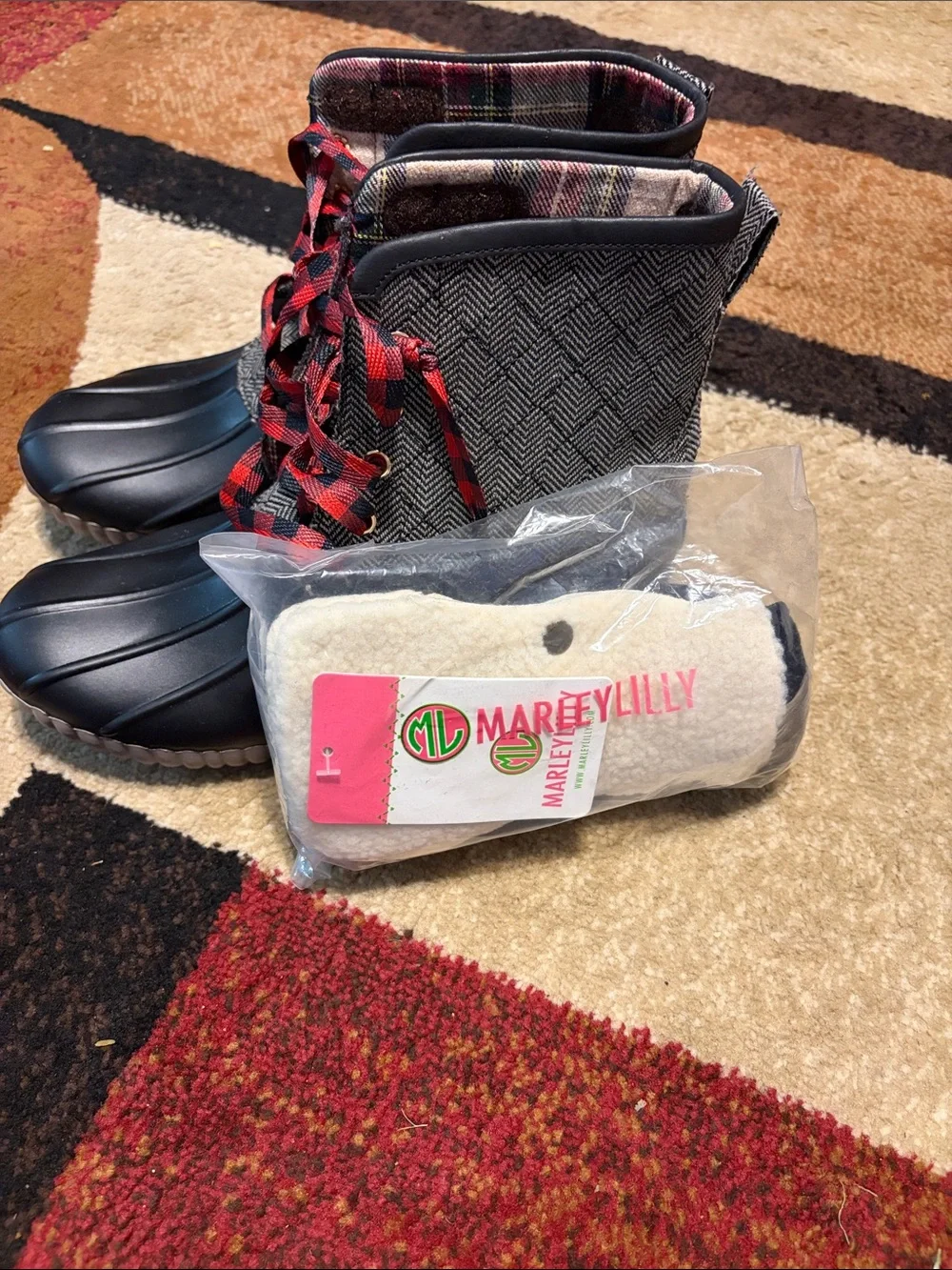 Black Duck Boots with Red Plaid Laces